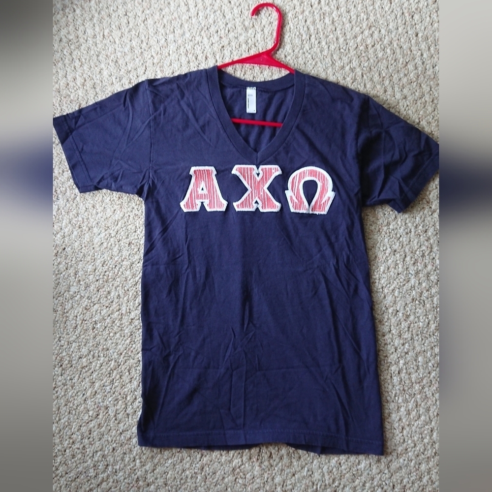 Navy Blue Alpha Chi Omega Sorority Lettered V-Neck Short Sleeve T-Shirt size S